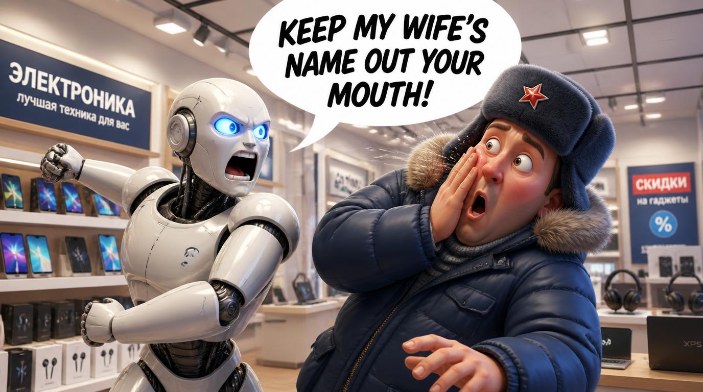 A humanoid robot at a Russian electronics store appeared to malfunction and hit a customer who had shoved it first
